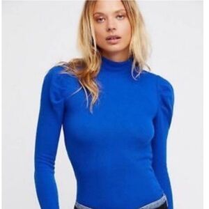 Free People Tattooed Heart Puff Sleeve Top Small Blue
